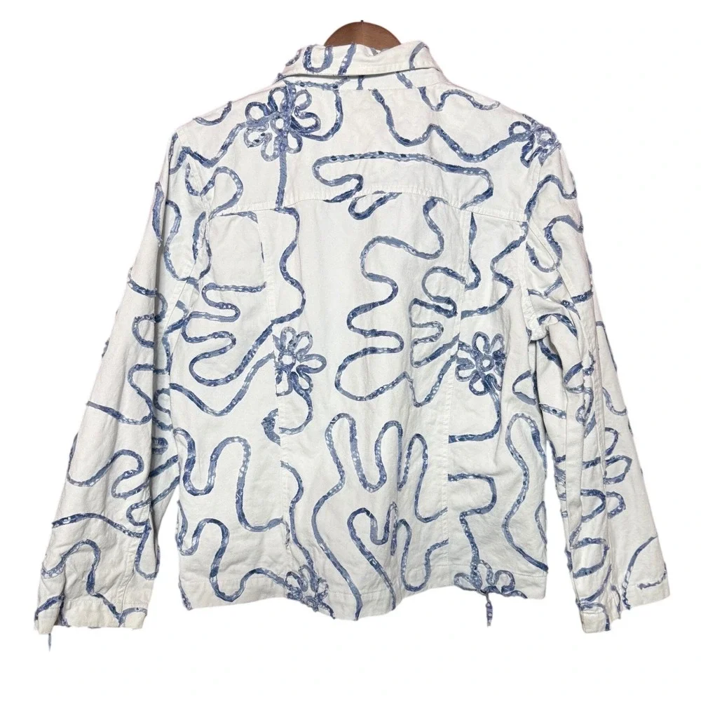 Keren‎ Hart Women XL White Blue Floral Embroidered Cotton Denim Jacket Artsy